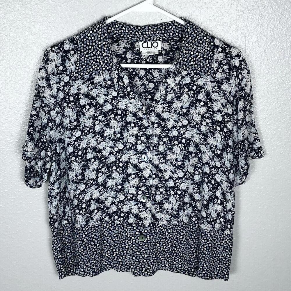 Vintage 90s Clio Blouse Size Petite Large Short Sleeve Button Up Top Feminine